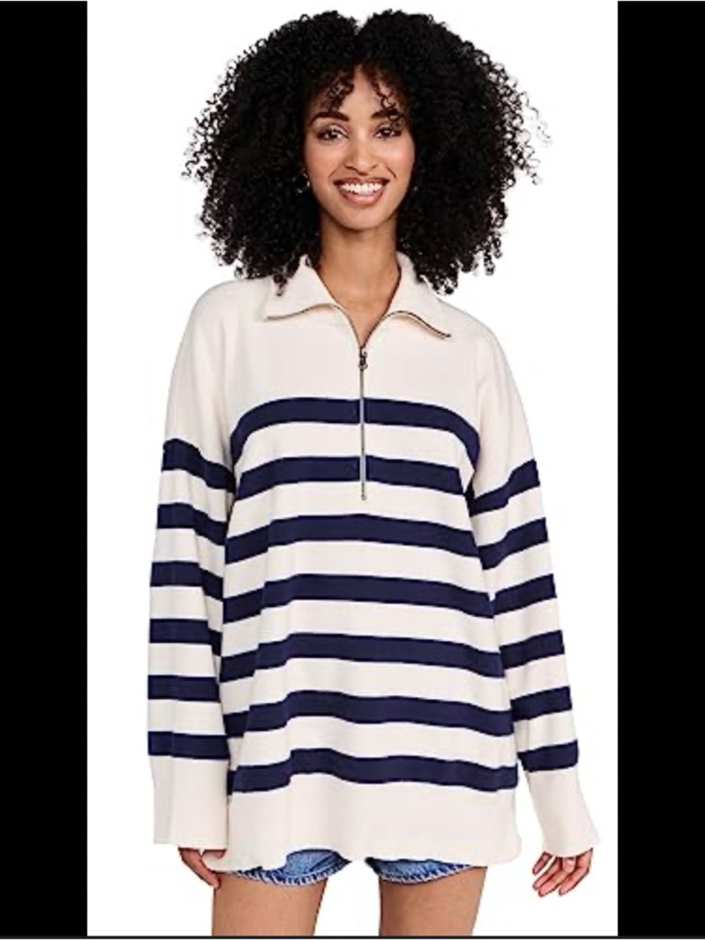 Free People Coastal Cream and Navy Striped Half-Zip Pullover